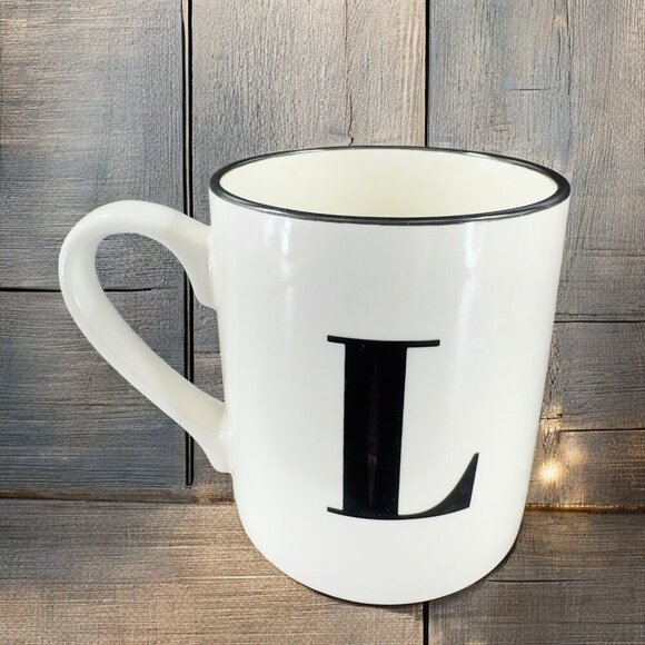 Threshold Monogram Initial L Coffee Mug Cup Ceramic White Black Black Lines 16oz - Picture 1 of 8